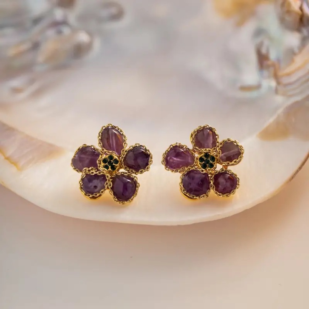 ◾️18k Gold Plated Purple Natural Stone Flower Earrings